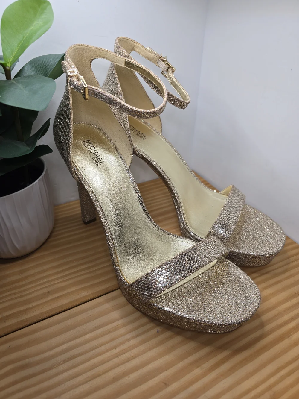 Michael Kors Margot Gold Glitter Ankle-Strap Platform Heels 9.5M